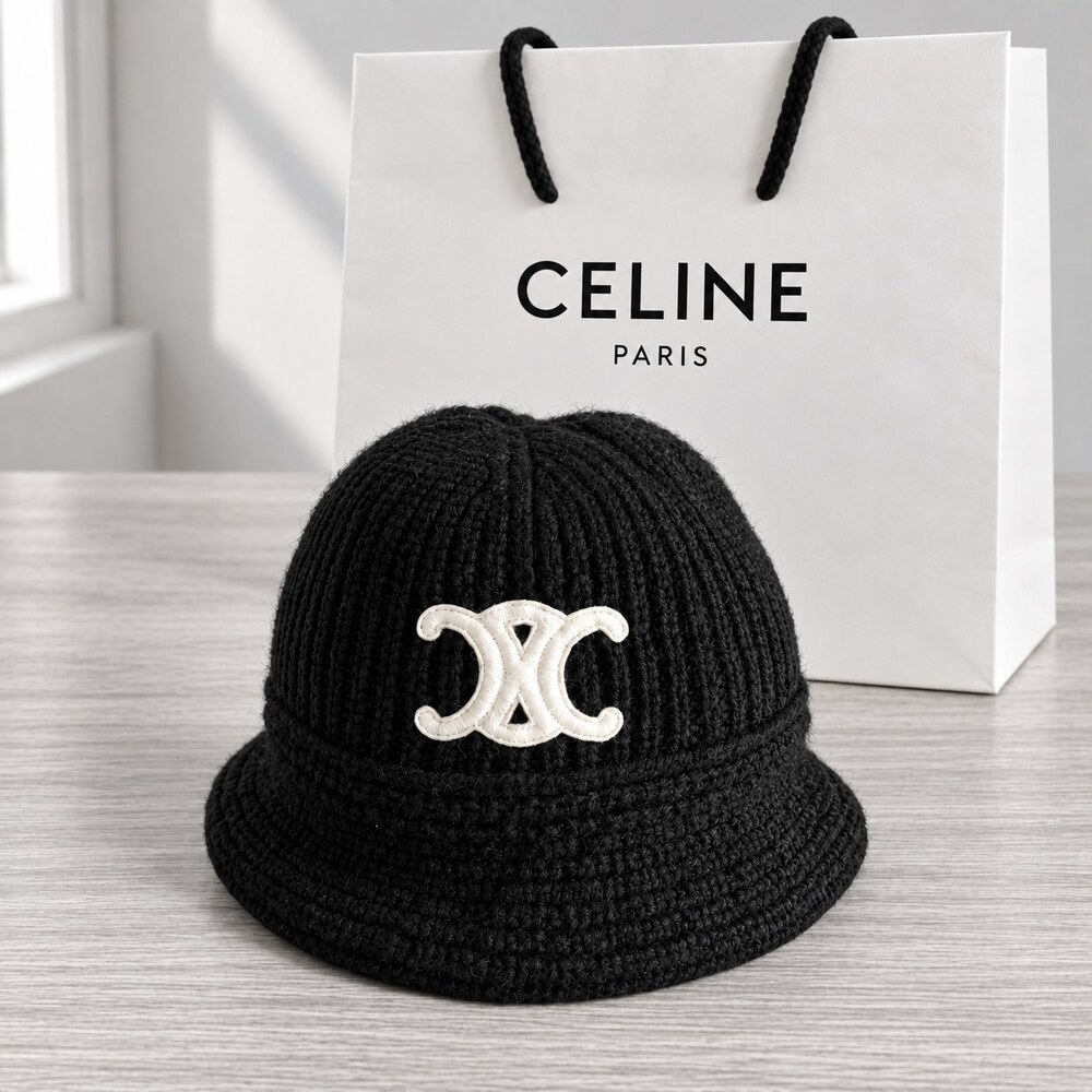 CELINE Black Ribbed Knit Bucket Hat
